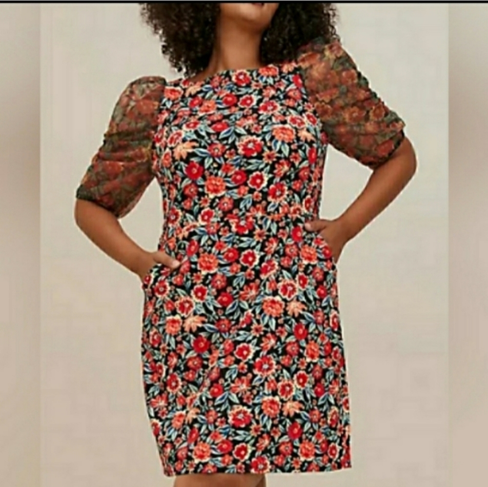 Torrid Mini Scuba Crepe And Organza High Neck Puff Sleeve Dress